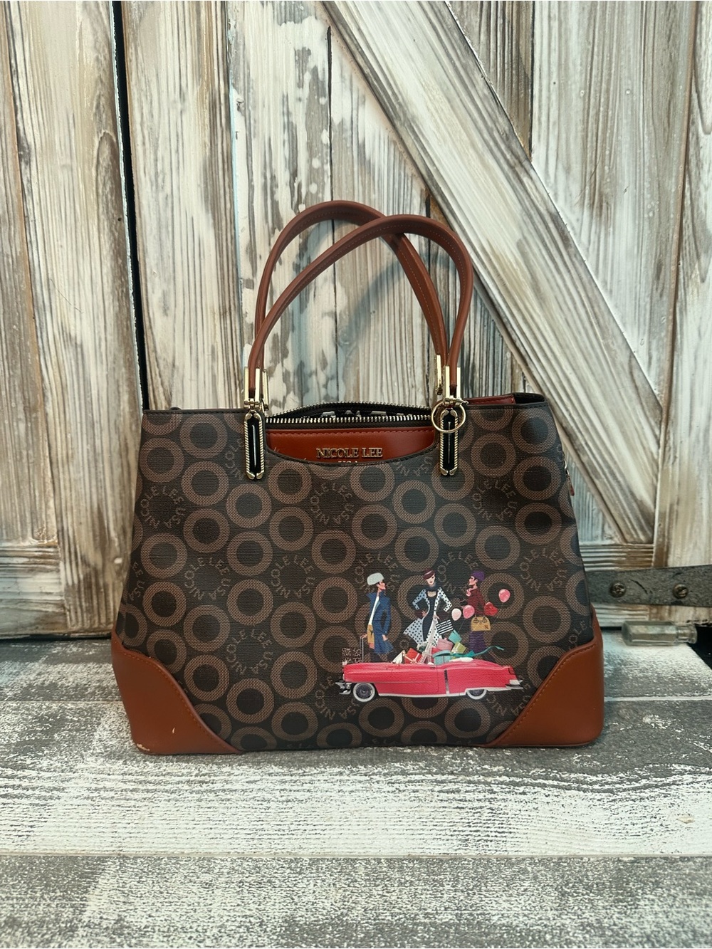 Nicole Lee USA Brown Satchel Handbag Purse Retro Convertible Print NWT Tags